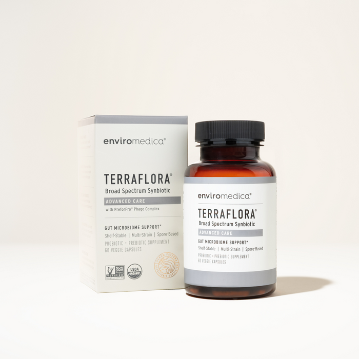 Terraflora Advanced Care bottle and packaging — spore-based synbiotic with PreforPro® to rewild the gut microbiome and support microbial balance.