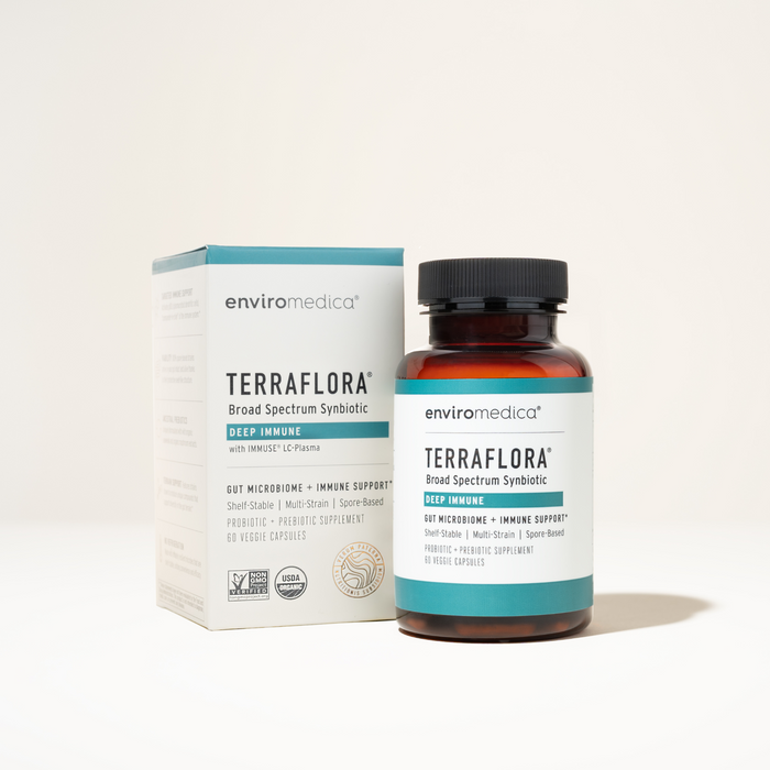 Terraflora Deep Immune bottle and packaging — spore-based synbiotic with LC-Plasma postbiotic to rewild the gut and support immune readiness.
